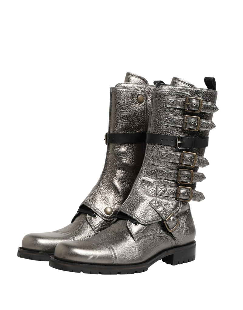 Dolce & Gabbana Metallic Leather Buckle Combat Boots