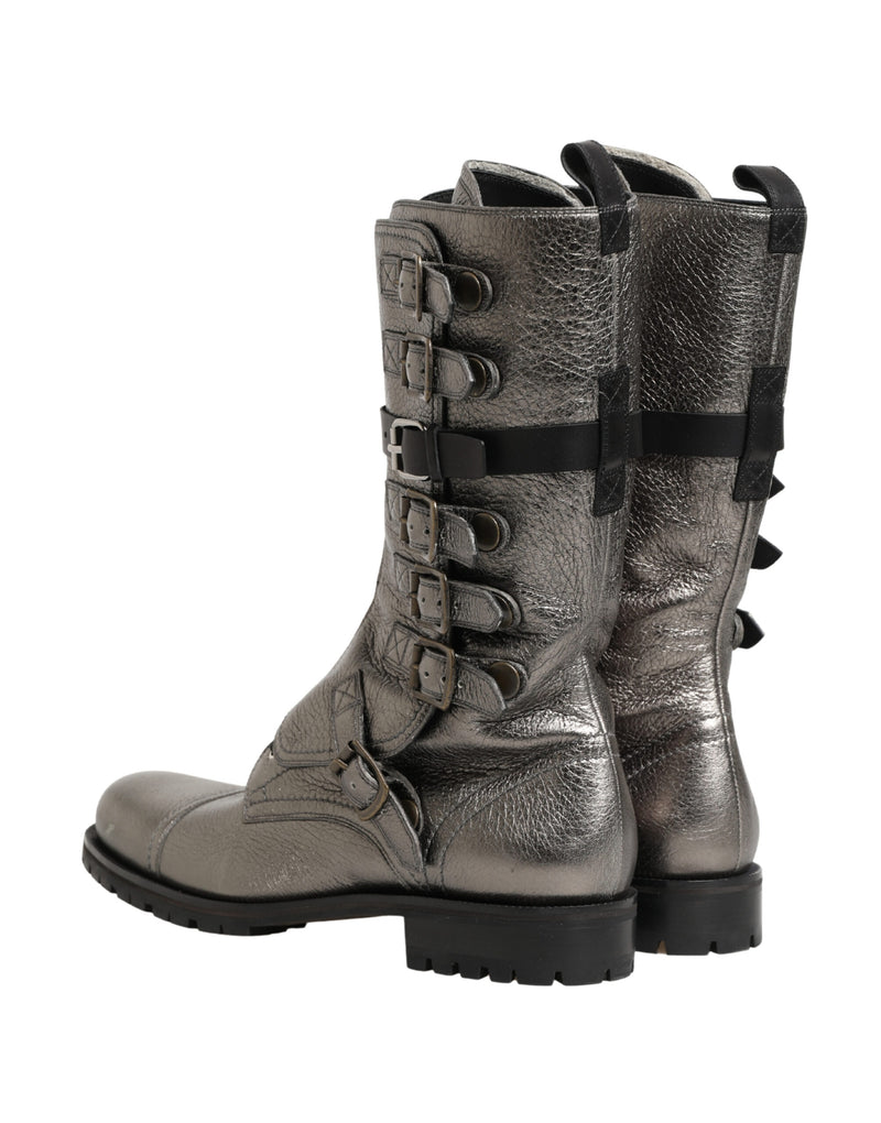 Dolce & Gabbana Metallic Leather Buckle Combat Boots
