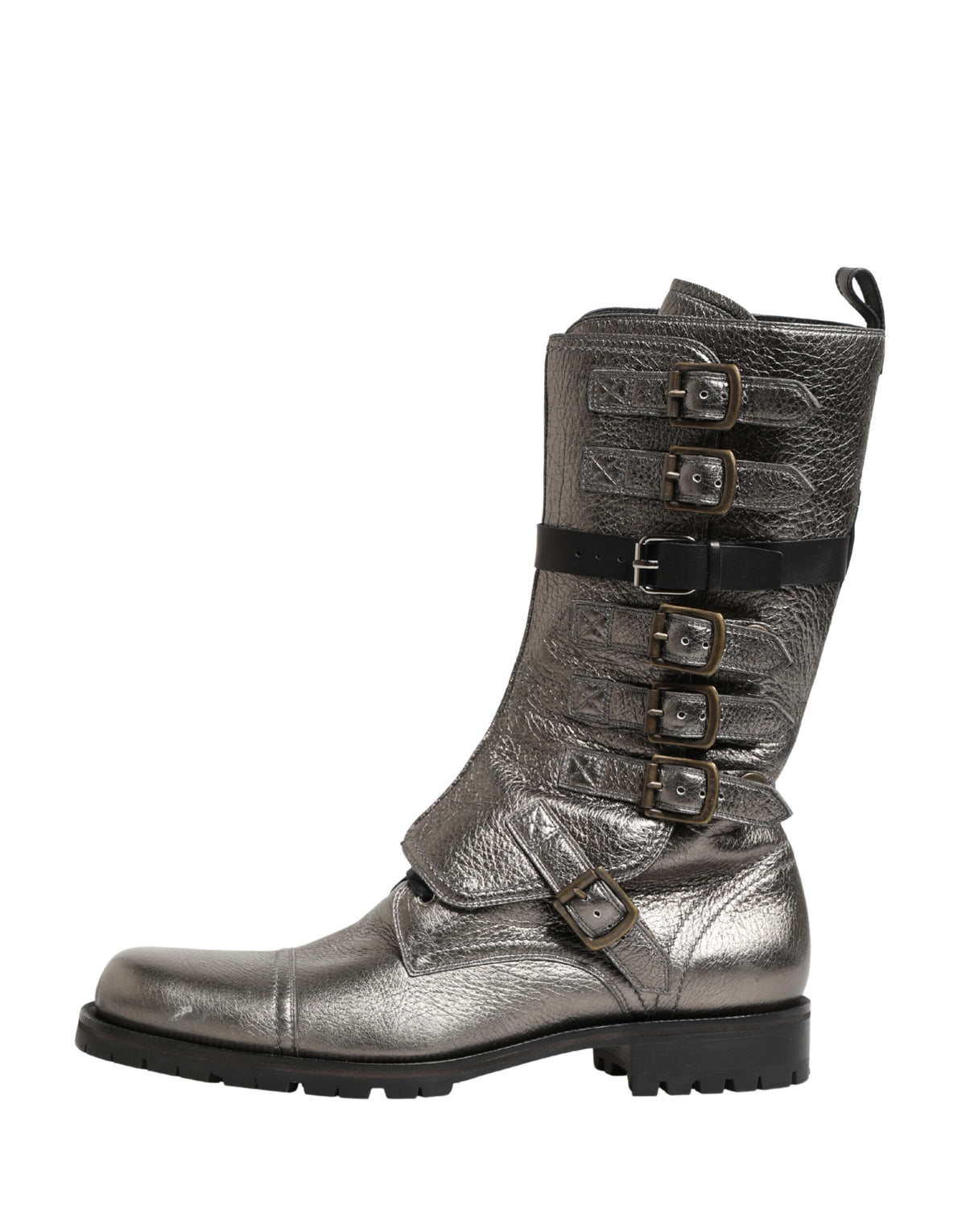 Dolce & Gabbana Metallic Leather Buckle Combat Boots