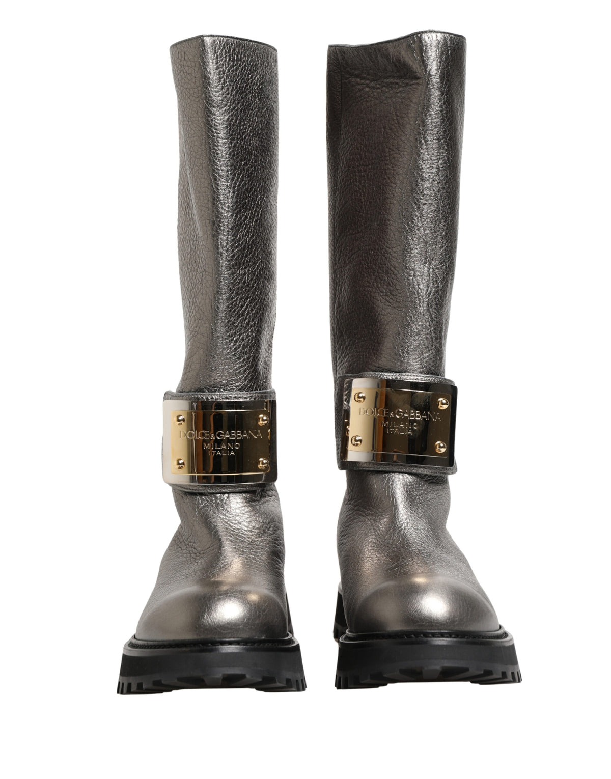 Dolce & Gabbana Mid-Calf Metallic Silver Leather Boots