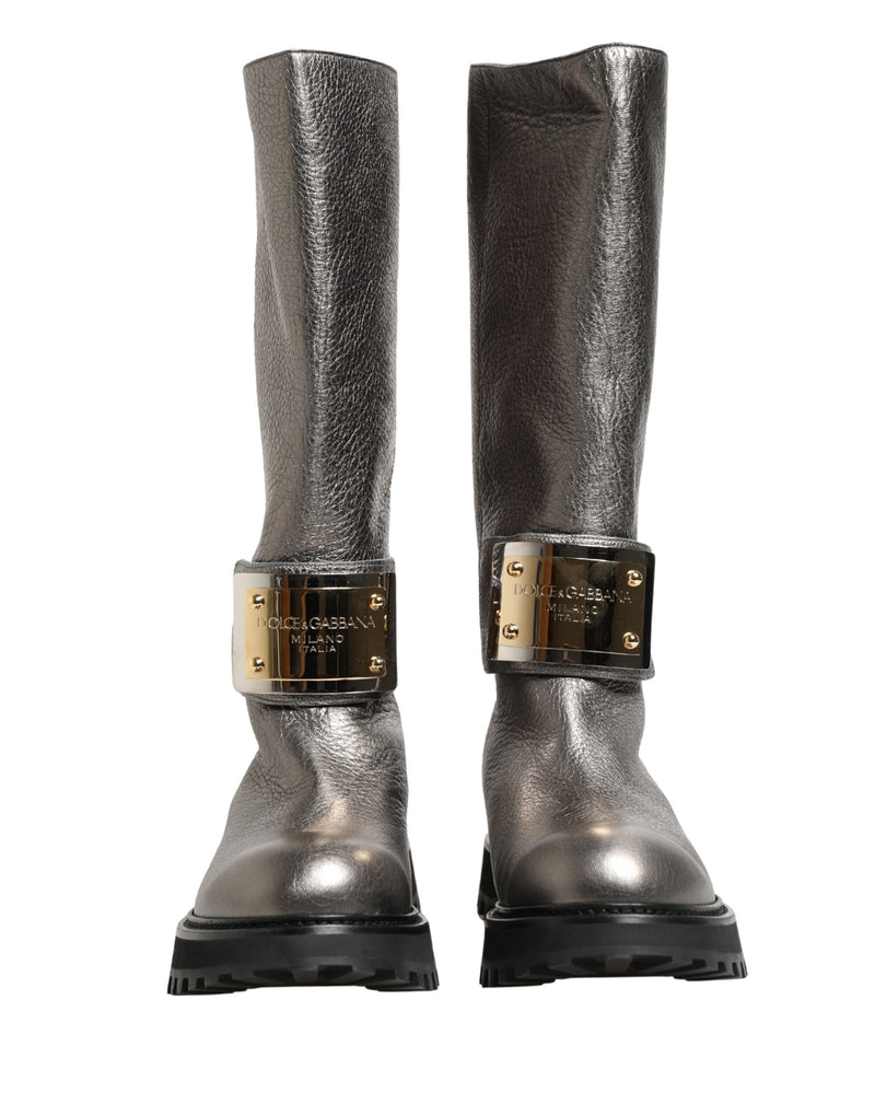 Dolce & Gabbana Mid-Calf Metallic Silver Leather Boots