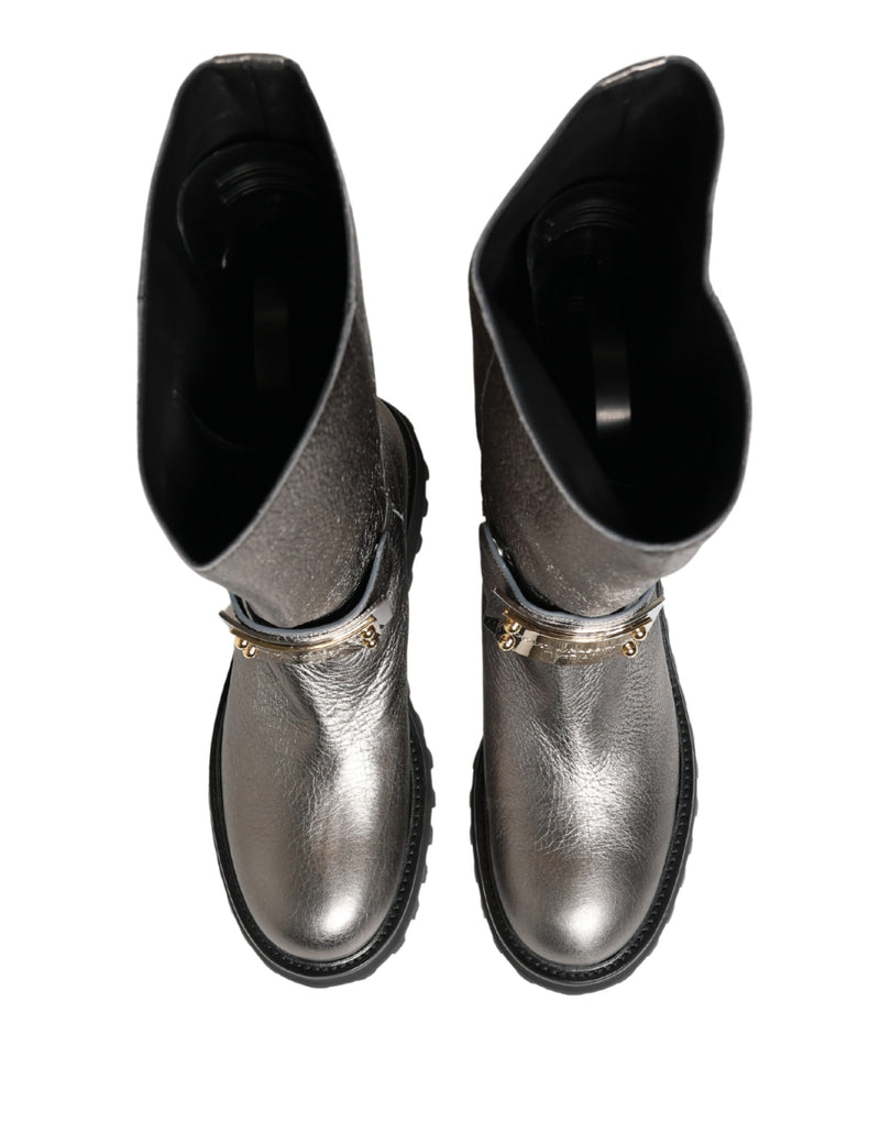 Dolce & Gabbana Mid-Calf Metallic Silver Leather Boots