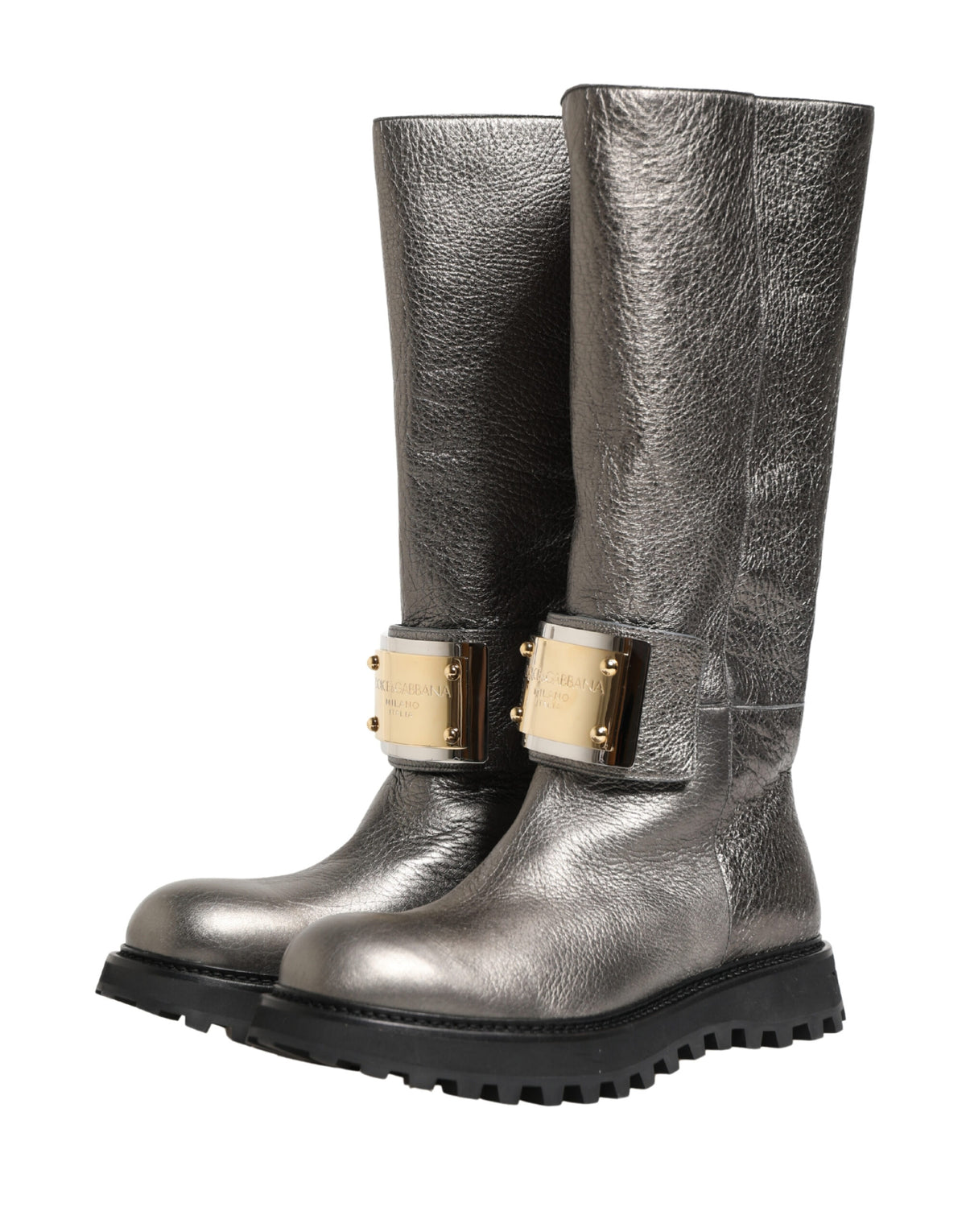 Dolce & Gabbana Mid-Calf Metallic Silver Leather Boots