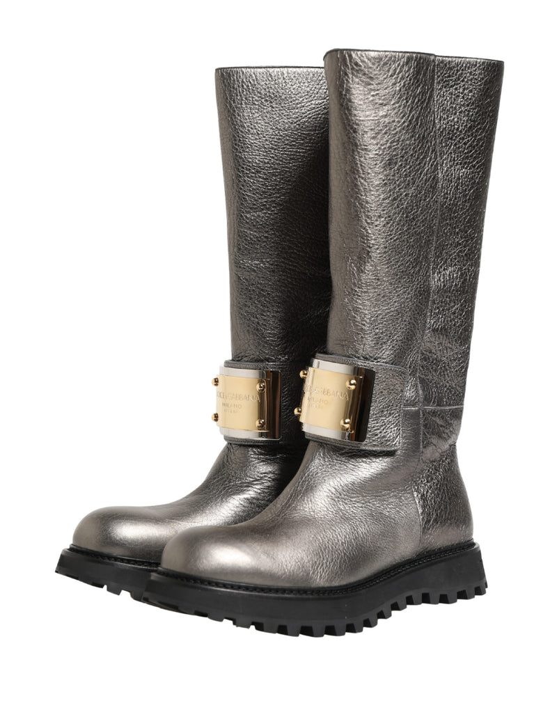 Dolce & Gabbana Mid-Calf Metallic Silver Leather Boots