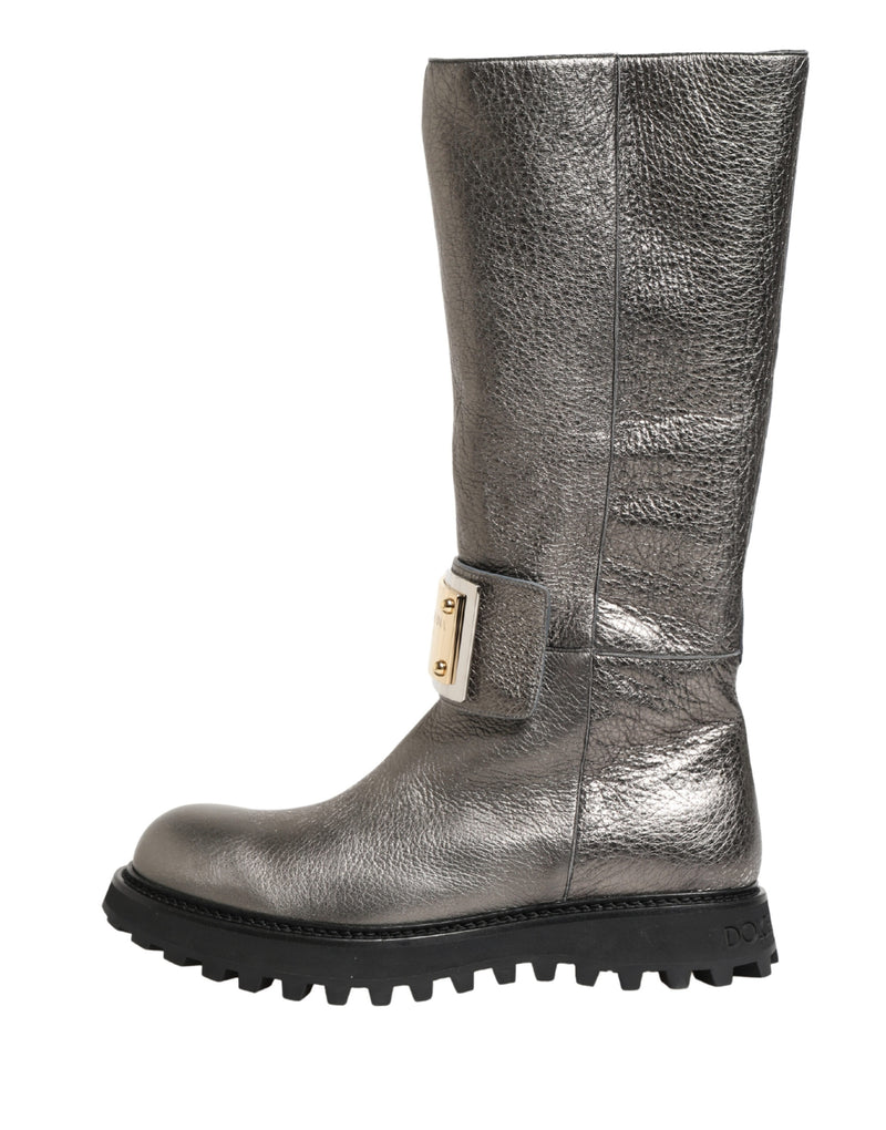 Dolce & Gabbana Mid-Calf Metallic Silver Leather Boots