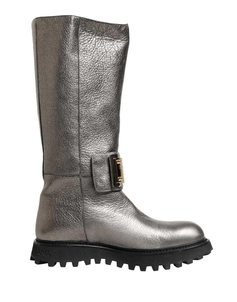 Dolce & Gabbana Mid-Calf Metallic Silver Leather Boots