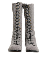 Dolce & Gabbana Gray Riccio Shearling Lace-Up Knee High Boots