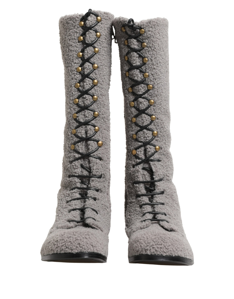 Dolce & Gabbana Gray Riccio Shearling Lace-Up Knee High Boots