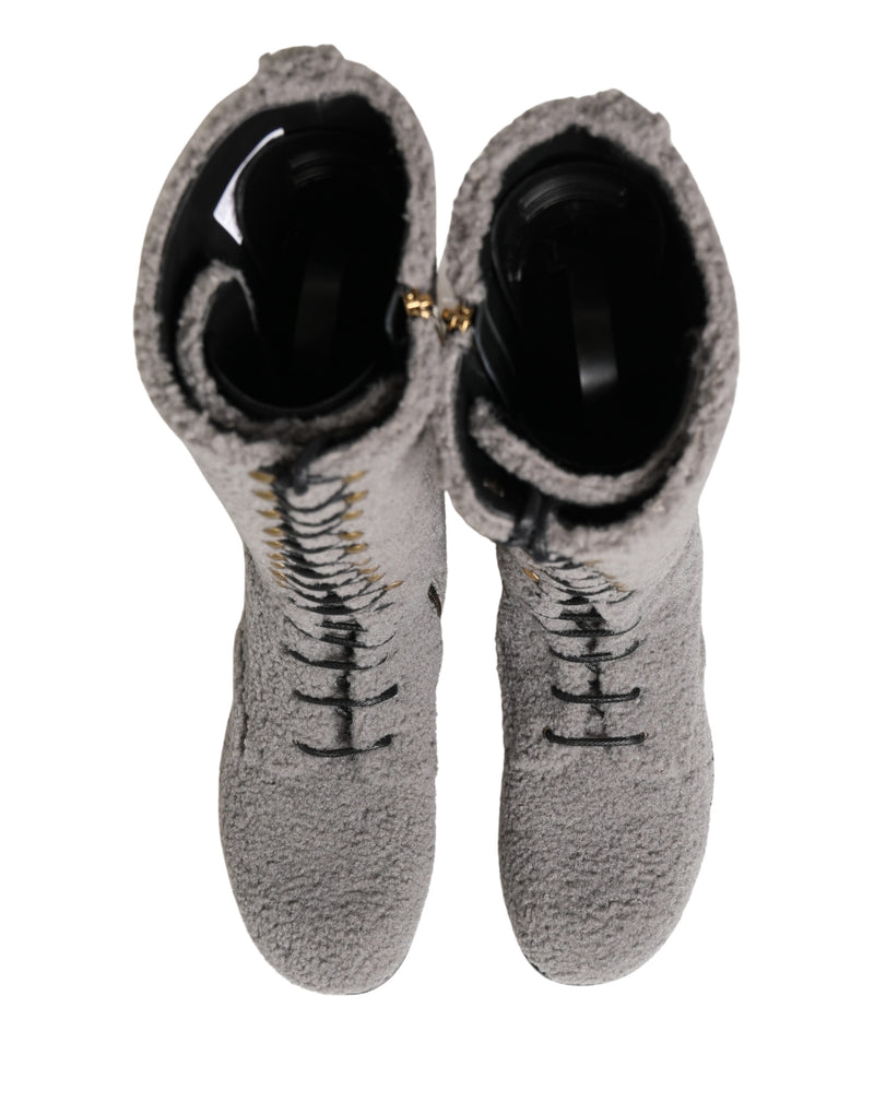 Dolce & Gabbana Gray Riccio Shearling Lace-Up Knee High Boots