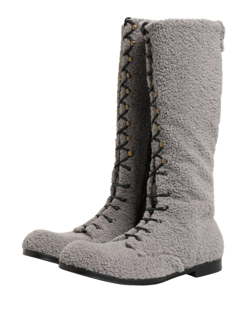 Dolce & Gabbana Gray Riccio Shearling Lace-Up Knee High Boots