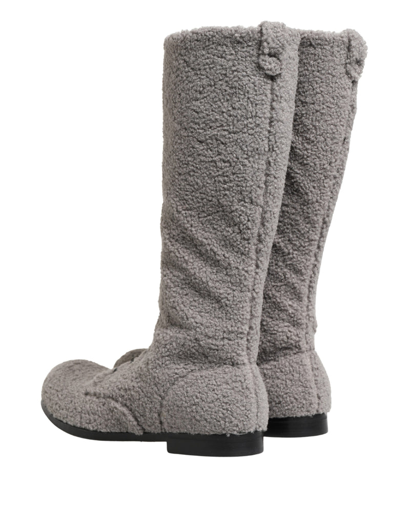 Dolce & Gabbana Gray Riccio Shearling Lace-Up Knee High Boots