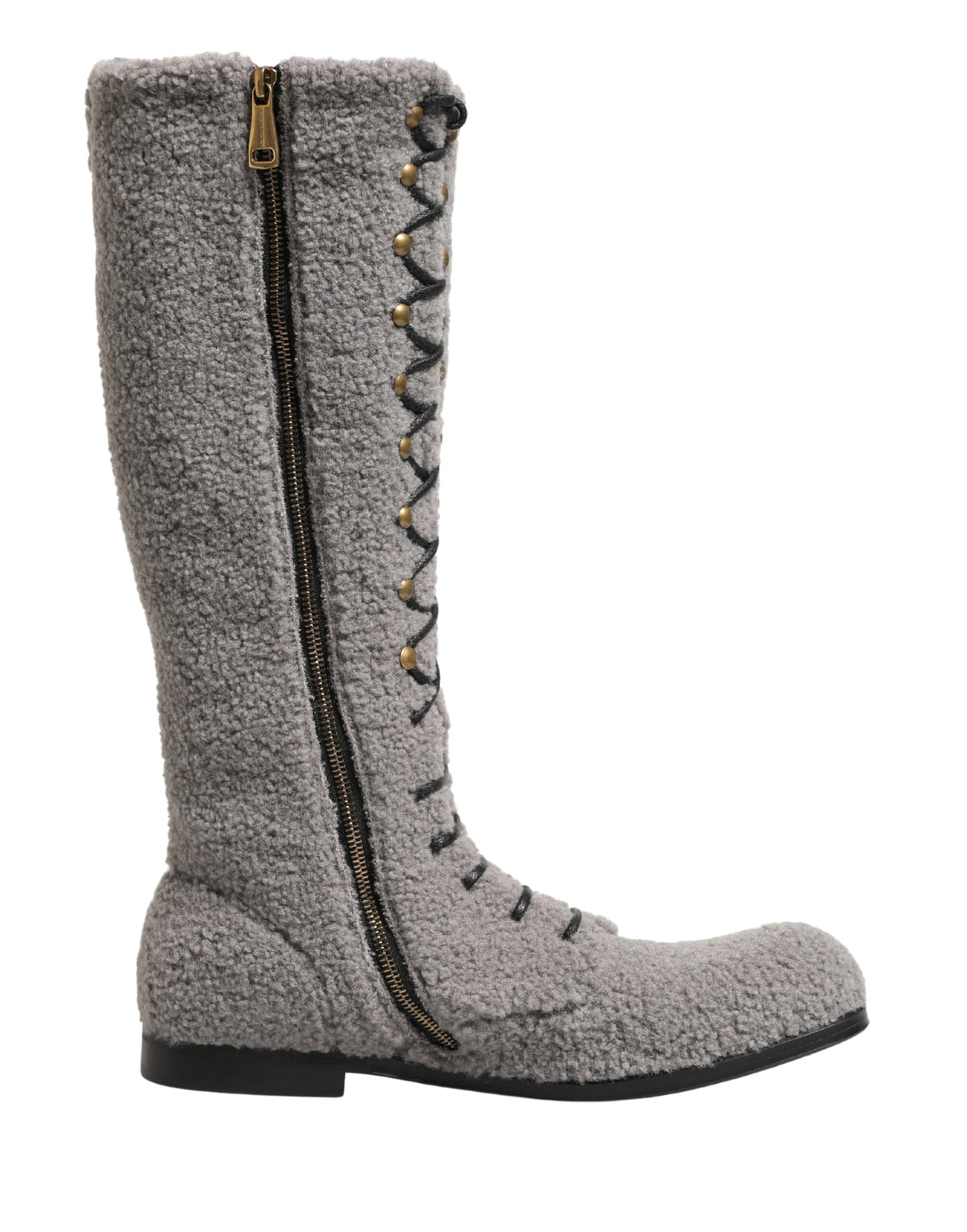 Dolce & Gabbana Gray Riccio Shearling Lace-Up Knee High Boots