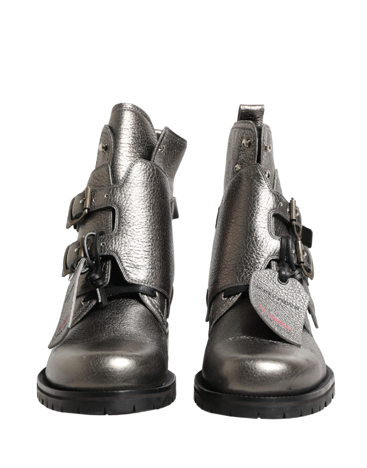 Dolce & Gabbana Buckle Ankle Boots in Metallic Silver Leather