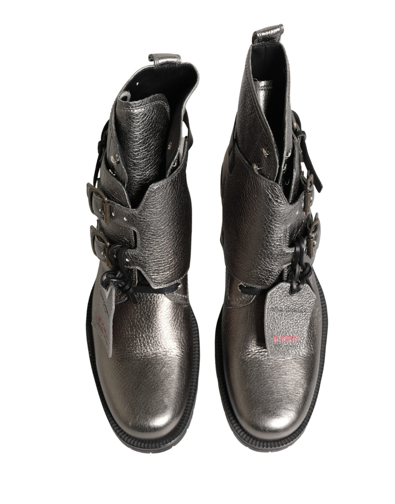 Dolce & Gabbana Buckle Ankle Boots in Metallic Silver Leather