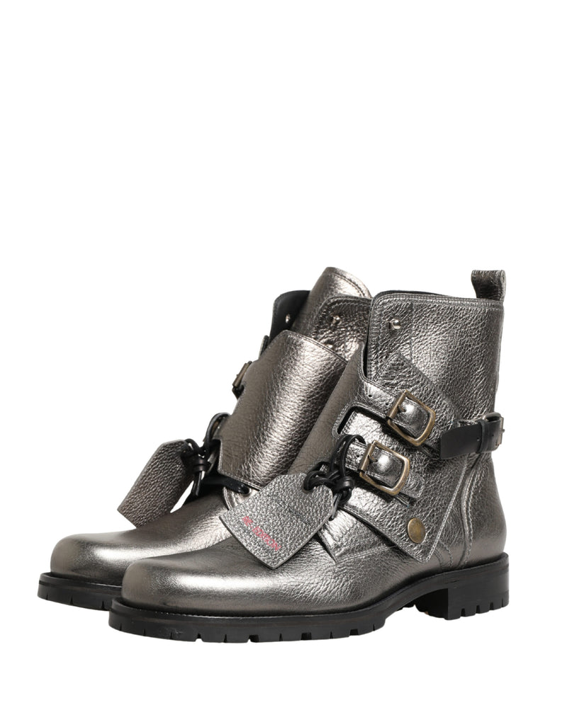 Dolce & Gabbana Buckle Ankle Boots in Metallic Silver Leather