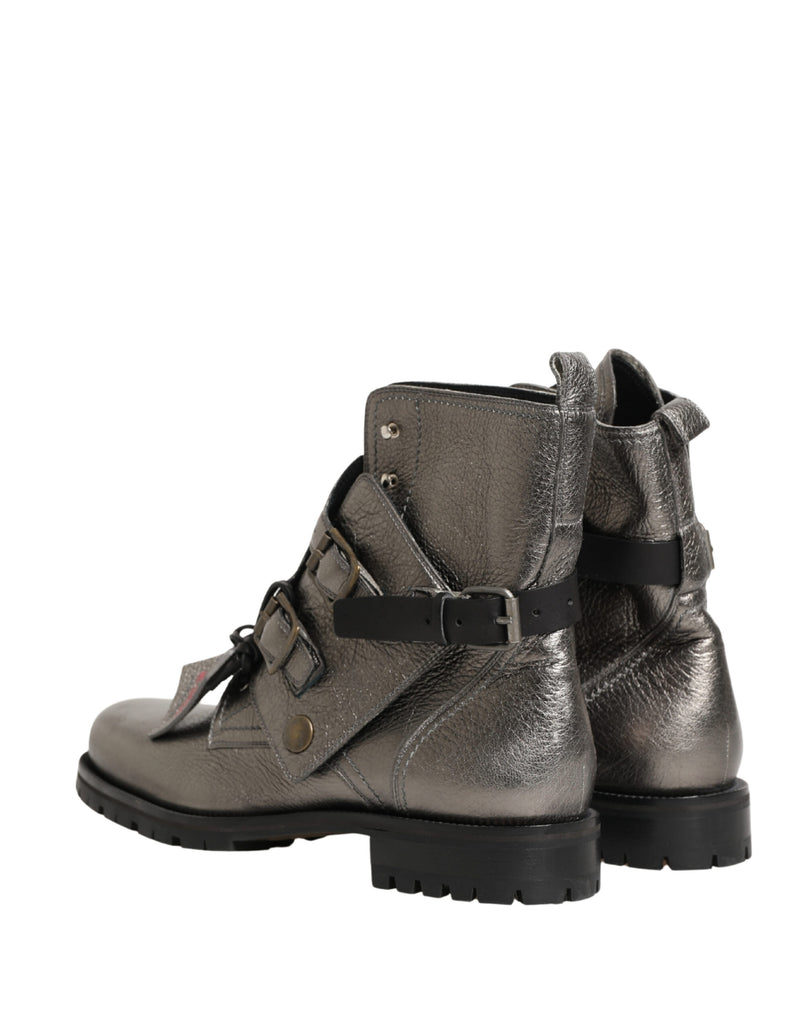 Dolce & Gabbana Buckle Ankle Boots in Metallic Silver Leather