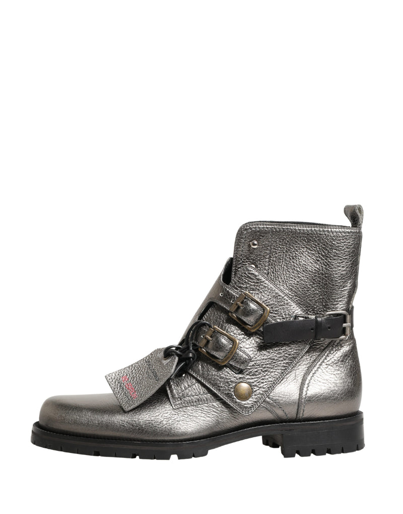 Dolce & Gabbana Buckle Ankle Boots in Metallic Silver Leather