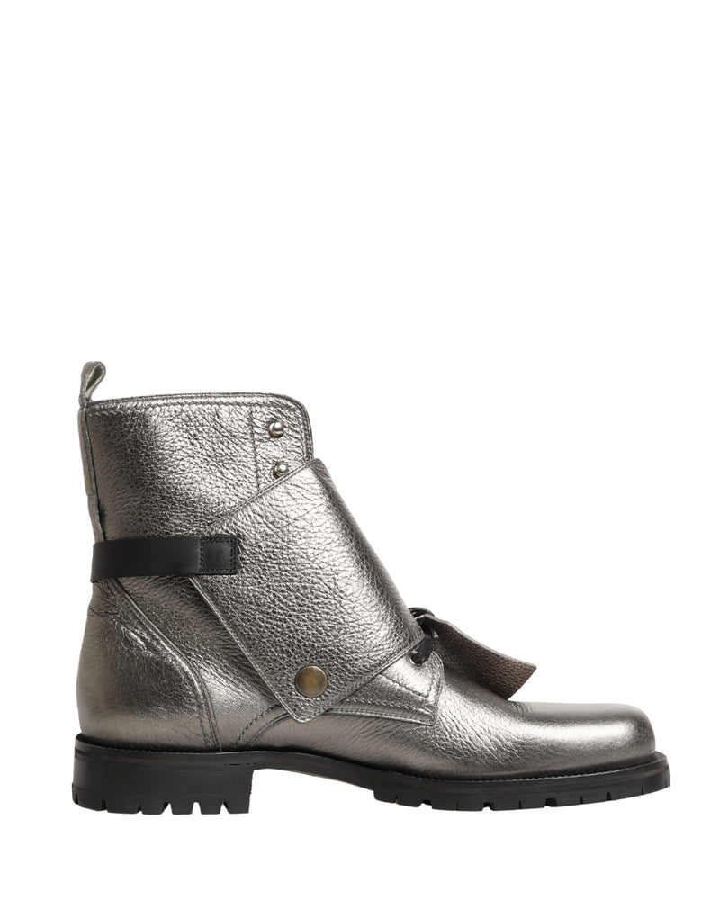 Dolce & Gabbana Buckle Ankle Boots in Metallic Silver Leather