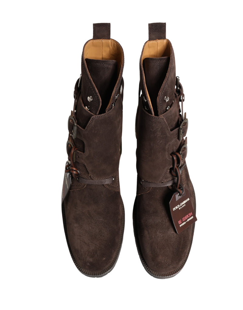Dolce & Gabbana Buckle Ankle Boots in Brown Suede Leather