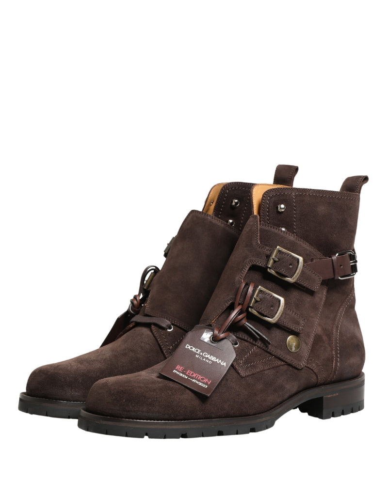 Dolce & Gabbana Buckle Ankle Boots in Brown Suede Leather
