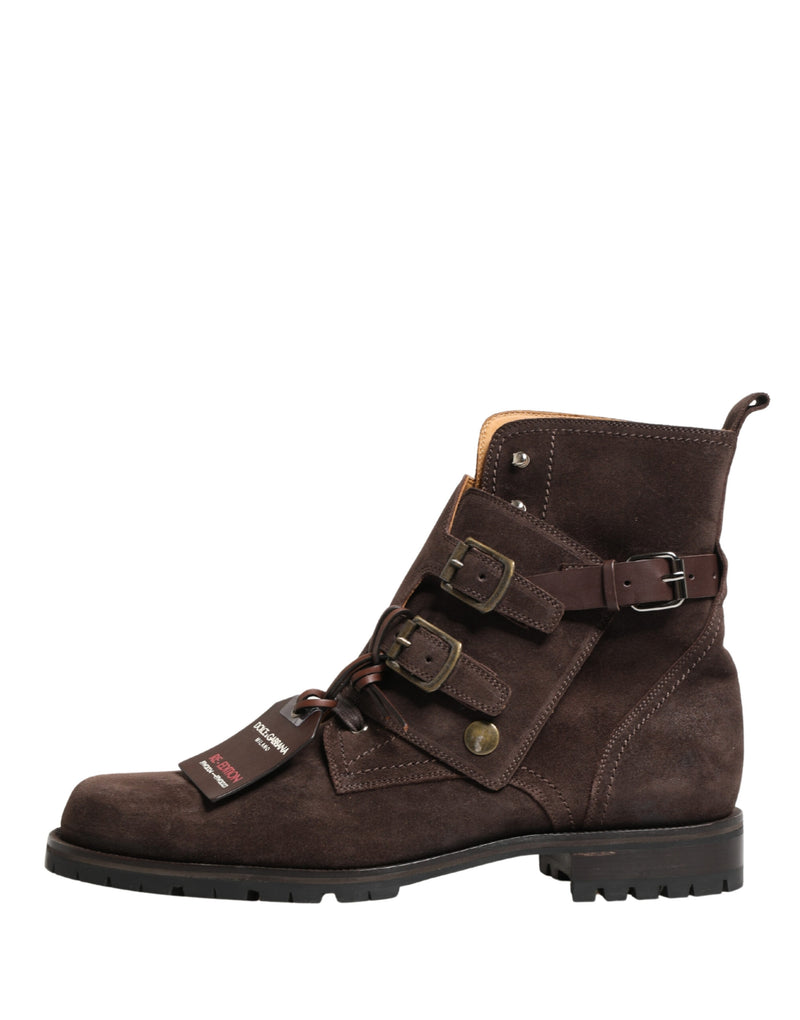 Dolce & Gabbana Buckle Ankle Boots in Brown Suede Leather