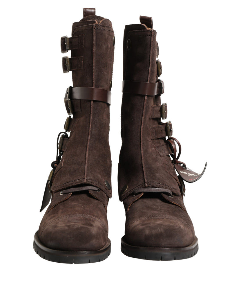 Dolce & Gabbana Brown Suede Leather Buckle Combat Ankle Boots