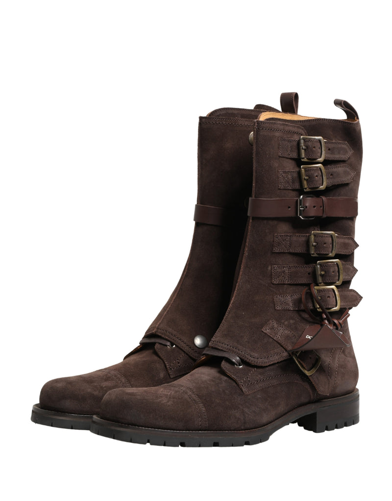 Dolce & Gabbana Brown Suede Leather Buckle Combat Ankle Boots