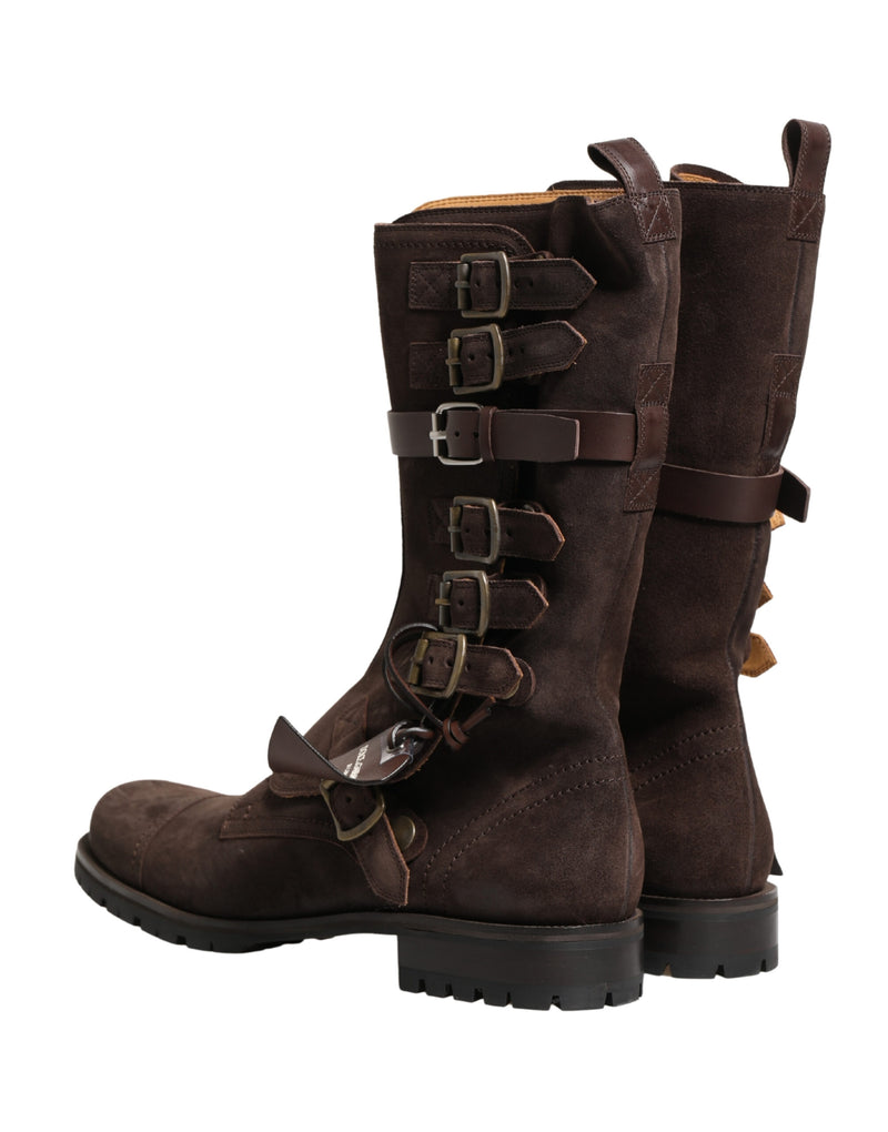 Dolce & Gabbana Brown Suede Leather Buckle Combat Ankle Boots