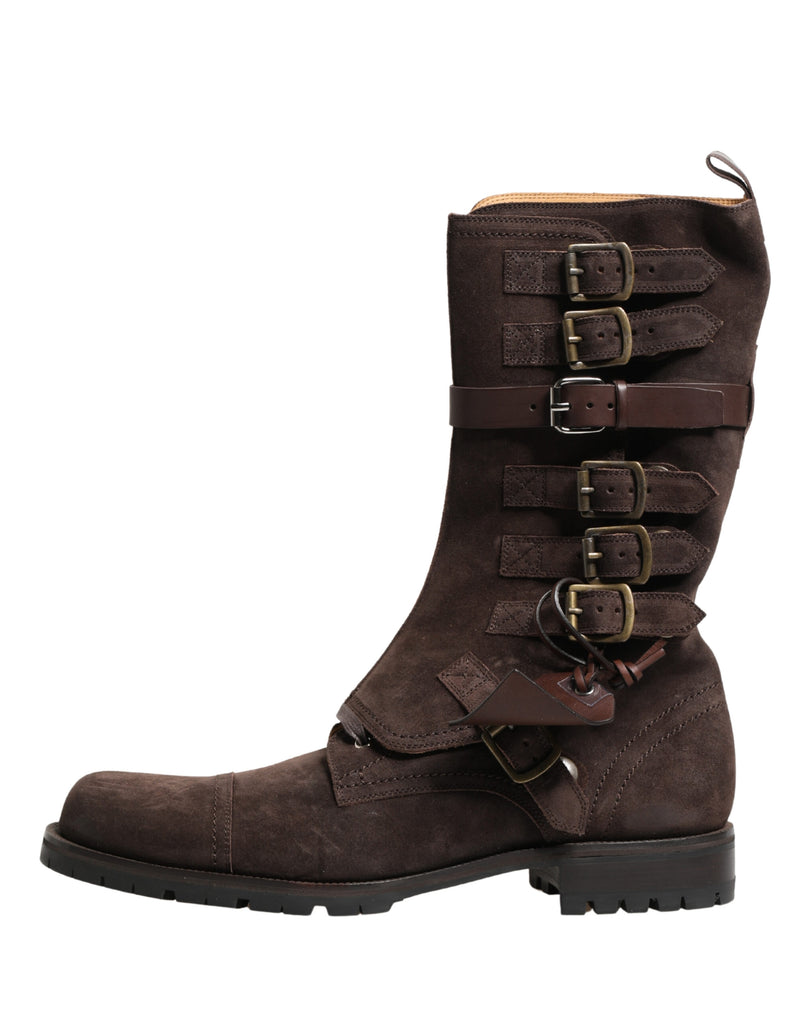 Dolce & Gabbana Brown Suede Leather Buckle Combat Ankle Boots