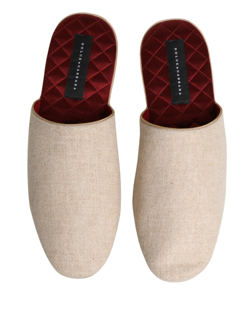 Dolce & Gabbana Beige Shetland Wool Red Quilted Slippers