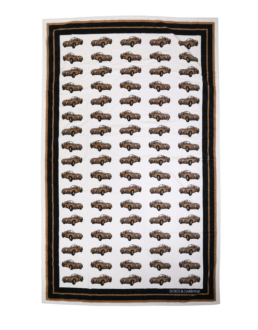Dolce & Gabbana White Cotton Beach Towel with Car Graphic Print