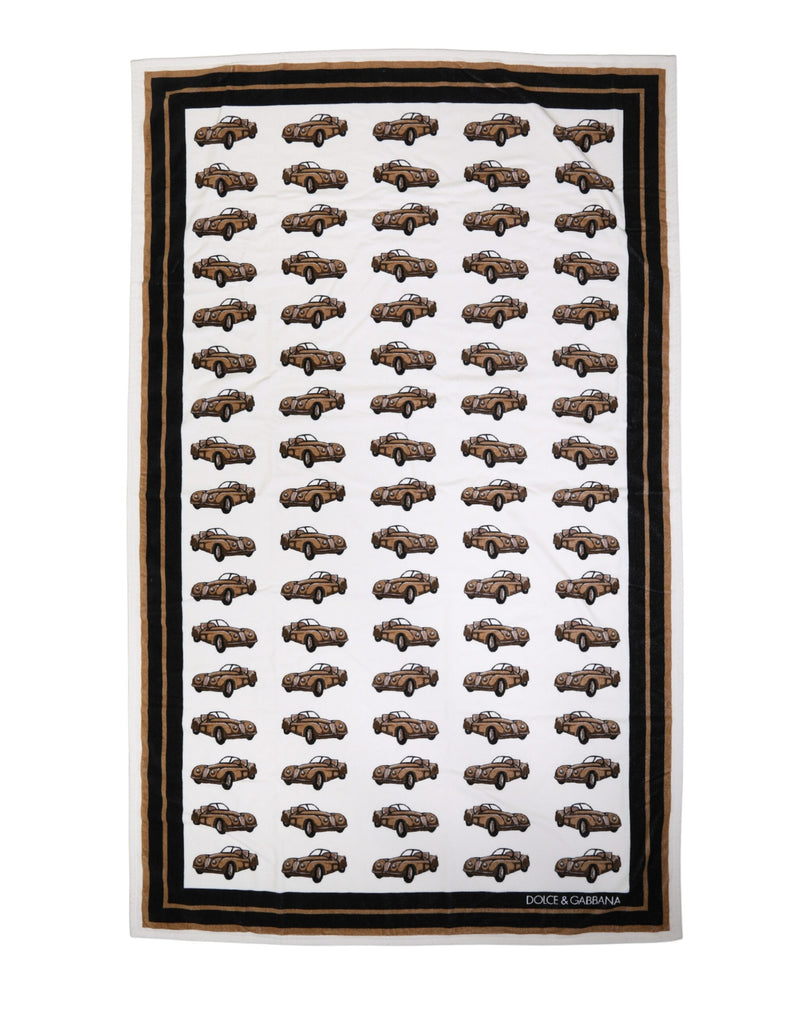 Dolce & Gabbana White Cotton Beach Towel with Car Graphic Print