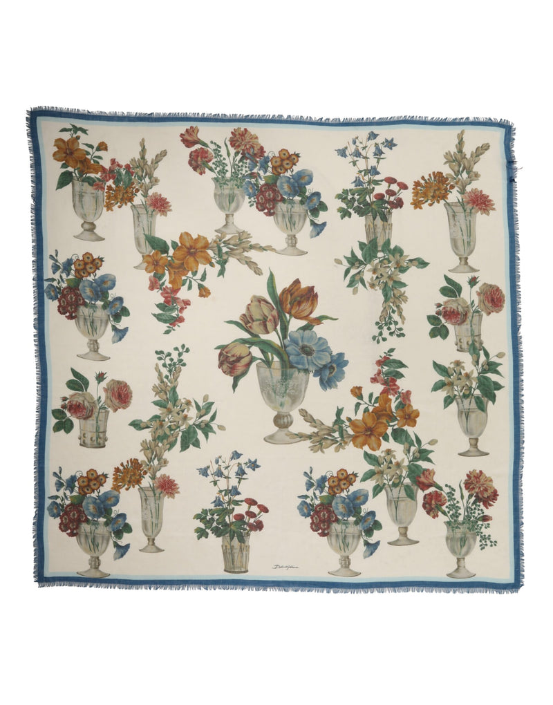Dolce & Gabbana White Flower Vase Cashmere Stole Wrap Scarf