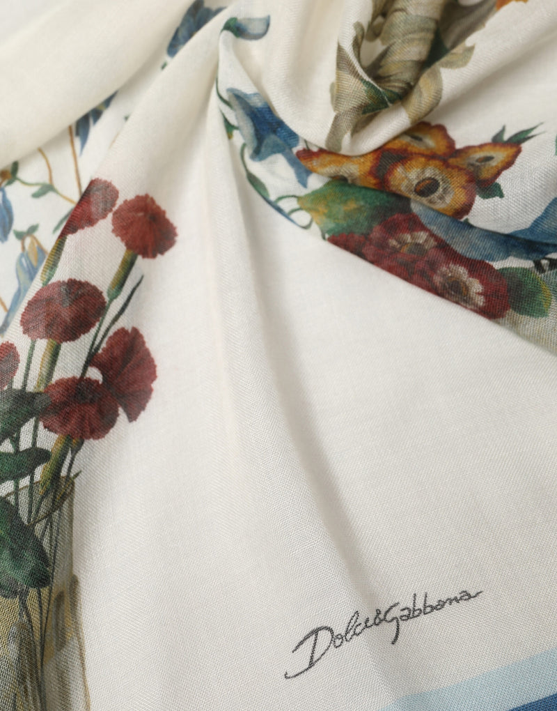 Dolce & Gabbana White Flower Vase Cashmere Stole Wrap Scarf