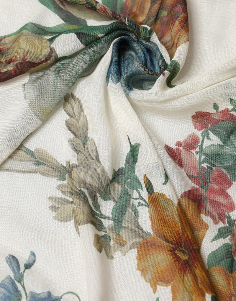 Dolce & Gabbana White Flower Vase Cashmere Stole Wrap Scarf