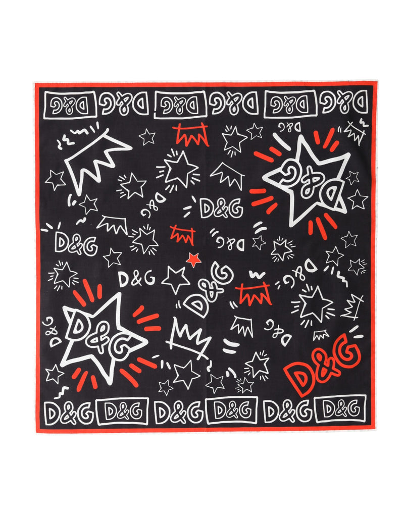 Dolce & Gabbana Black White Red DG Crown Cotton Foulard Scarf