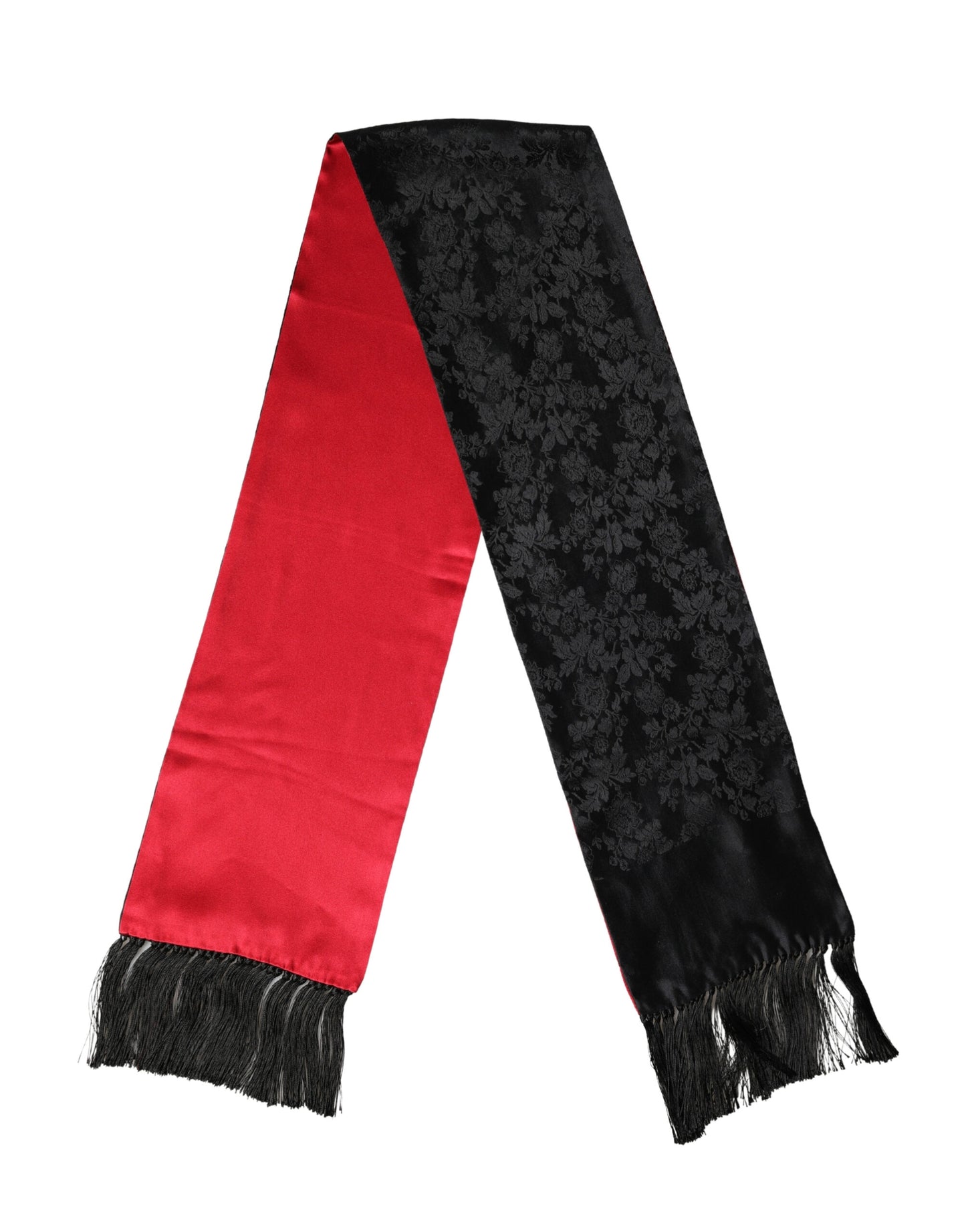 Dolce & Gabbana Red Black Silk Floral Fringe Neck Wrap Scarf