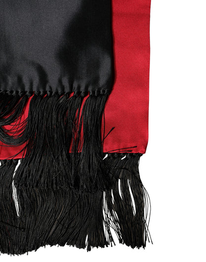 Dolce & Gabbana Red Black Silk Floral Fringe Neck Wrap Scarf