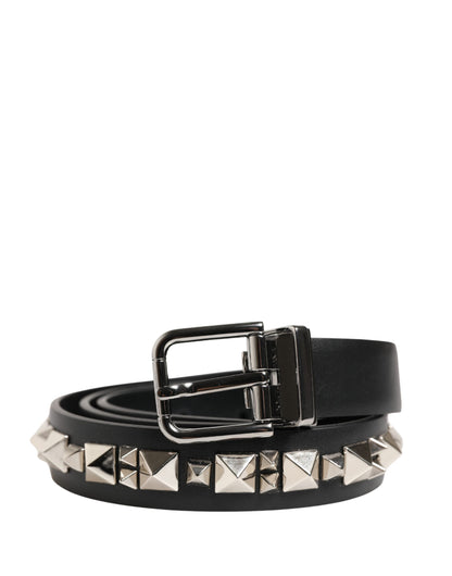 Dolce & Gabbana Black Leather Studded Silver Tone Buckle Belt