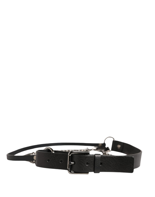 Dolce & Gabbana Zwart Lederen Zilverkleurige Ketting Taille Herenriem