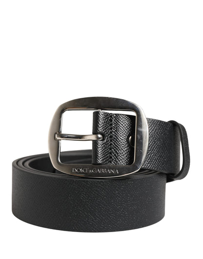 Dolce & Gabbana Black Calf Leather Silver Metal Buckle Belt