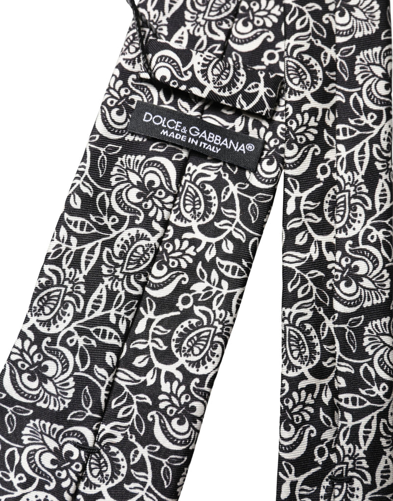 Dolce & Gabbana Black White Floral Fantasy Silk Adjustable Necktie Tie