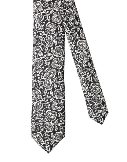 Dolce & Gabbana Black White Floral Fantasy Silk Adjustable Necktie Tie