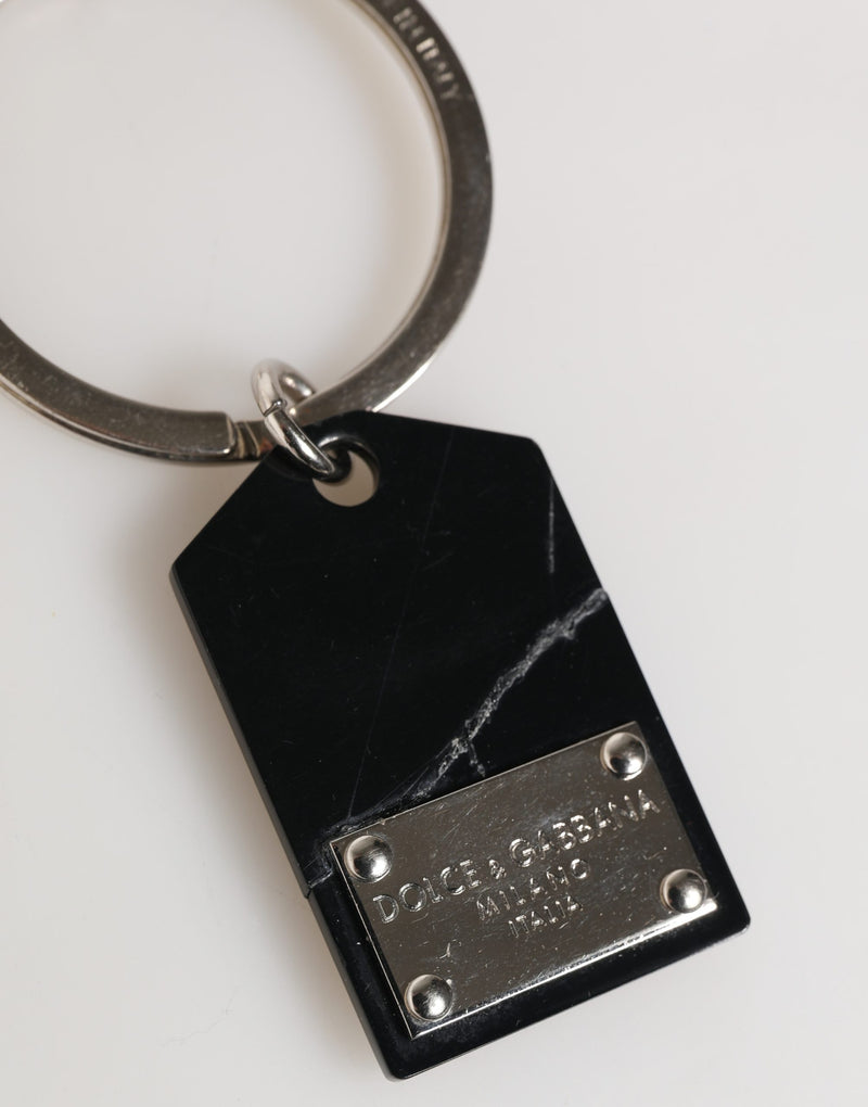 Dolce & Gabbana Black Silver Brass LogoPlaque Keyring