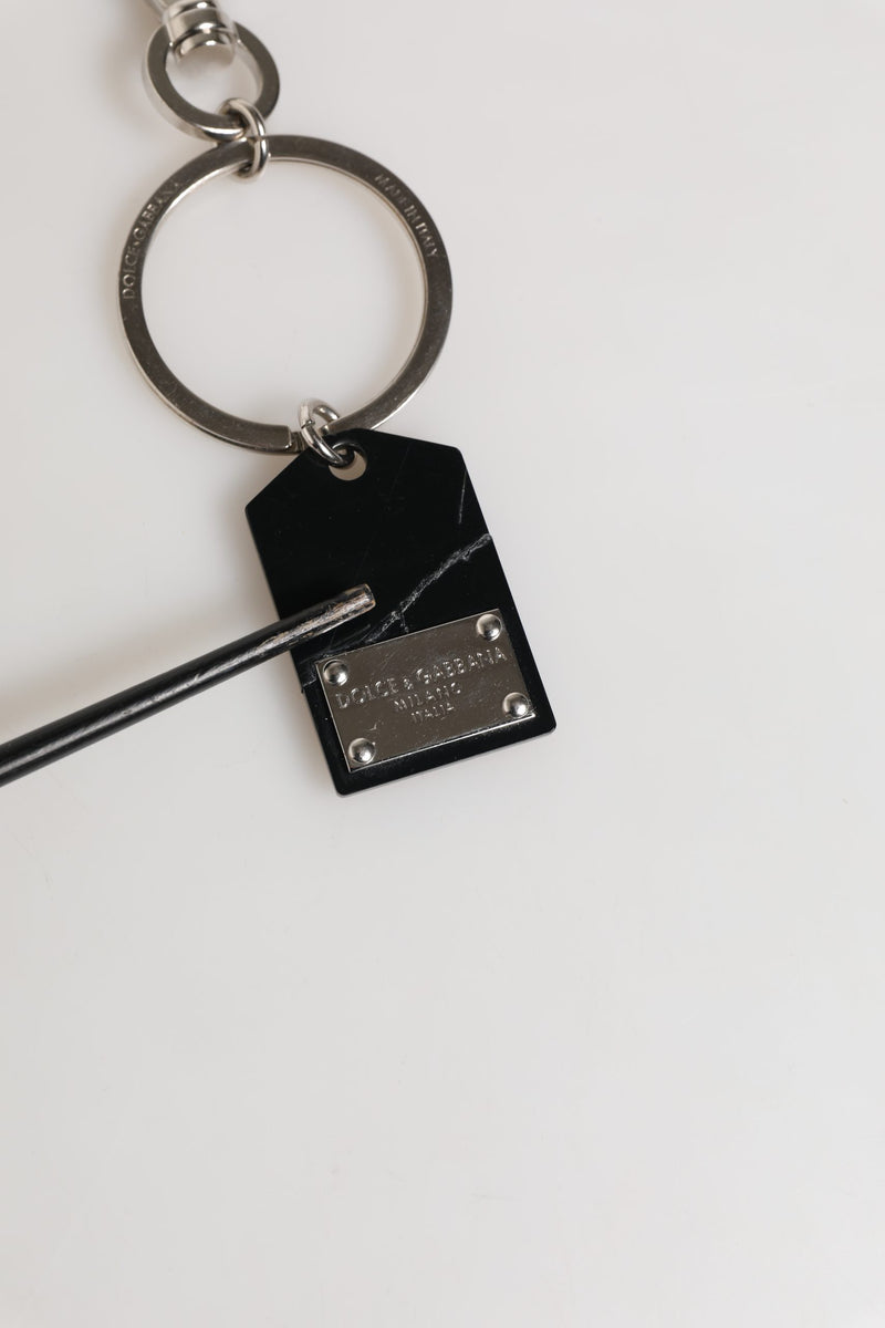 Dolce & Gabbana Black Silver Brass LogoPlaque Keyring