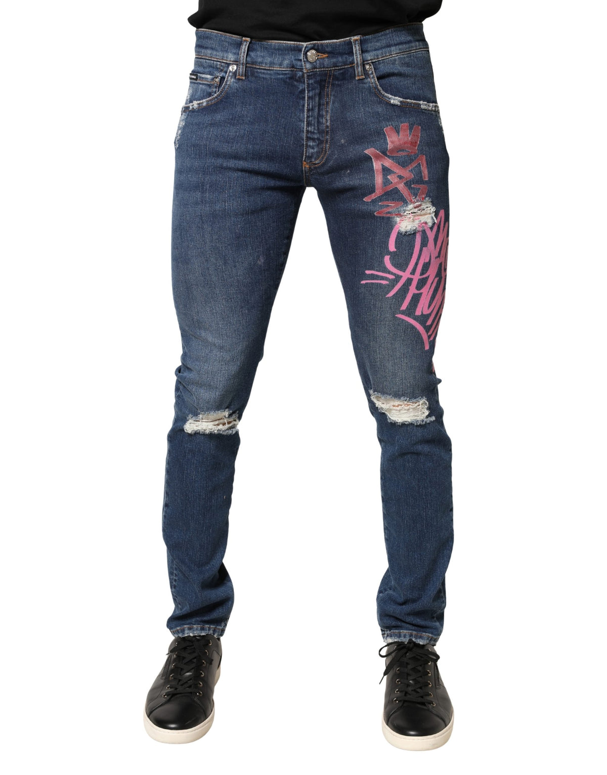 Jean skinny bleu délavé à imprimé graffiti Dolce &amp; Gabbana