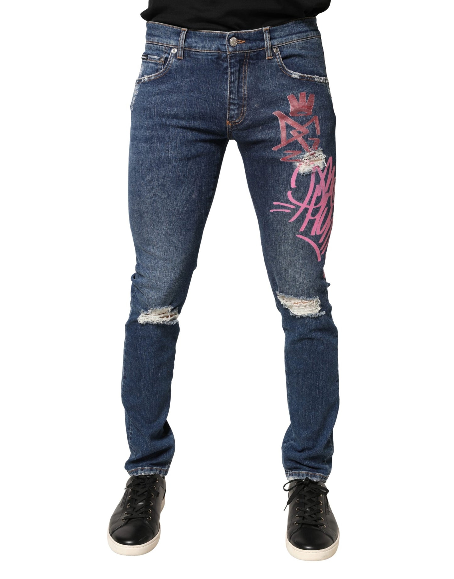 Jean skinny bleu délavé à imprimé graffiti Dolce &amp; Gabbana