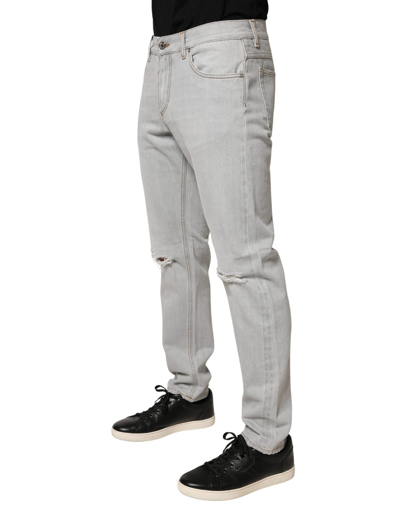 Dolce & Gabbana Lichtgrijs Gescheurd Katoen Regular Denim Jeans
