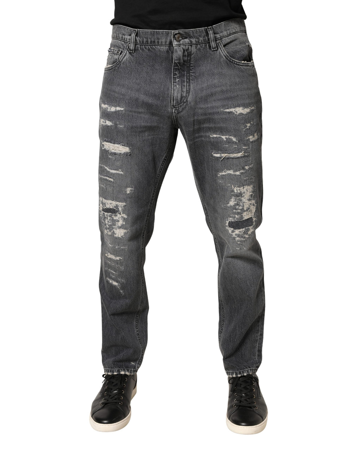Jean Dolce &amp; Gabbana gris foncé en coton déchiré, coupe ample
