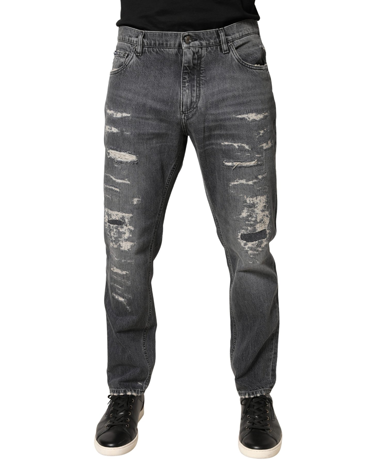 Jean Dolce &amp; Gabbana gris foncé en coton déchiré, coupe ample